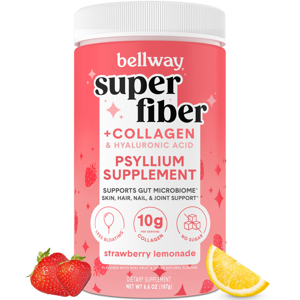 Bellway Super Fiber Powder bottle pouring, showcasing convenient daily digestive support.