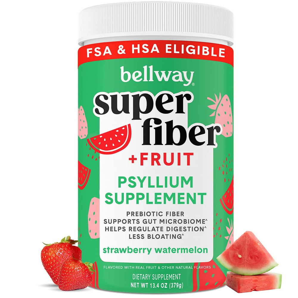 Bellway Super Fiber powder label highlights organic psyllium husk and plant-based ingredients.