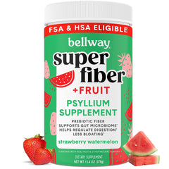 Bellway Super Fiber powder label highlights organic psyllium husk and plant-based ingredients.
