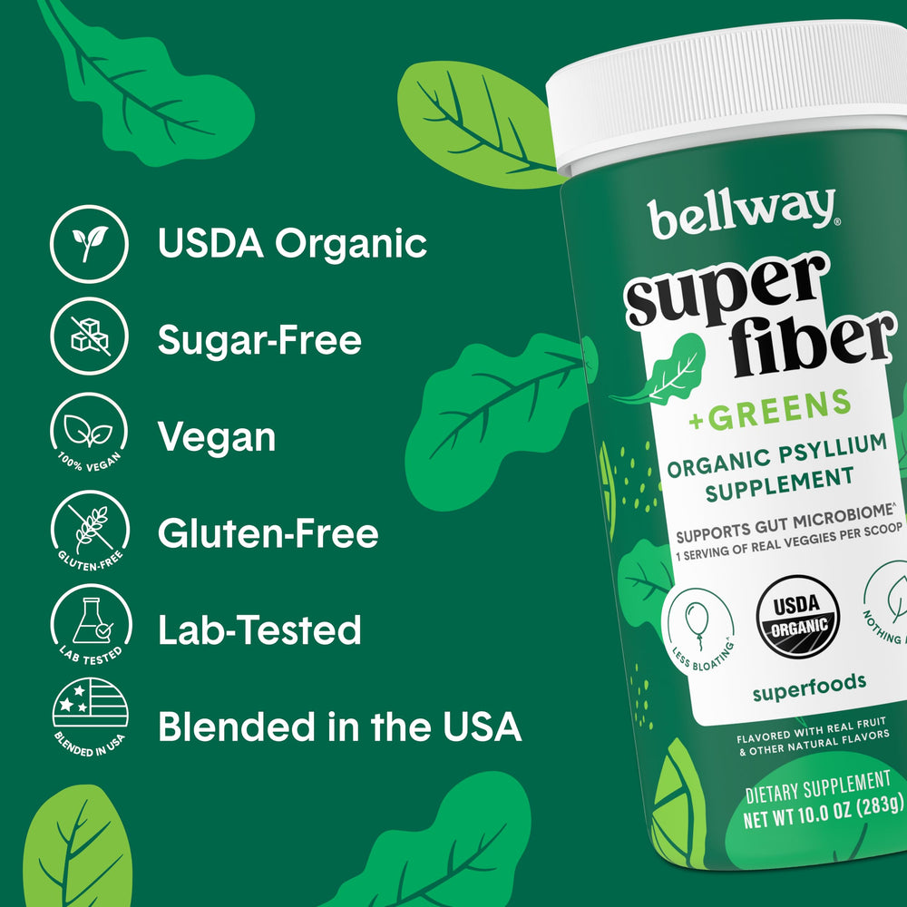 Bellway Super Fiber Greens packaging front view highlighting fiber per serving.