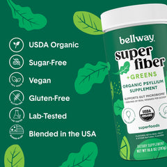Bellway Super Fiber Greens packaging front view highlighting fiber per serving.