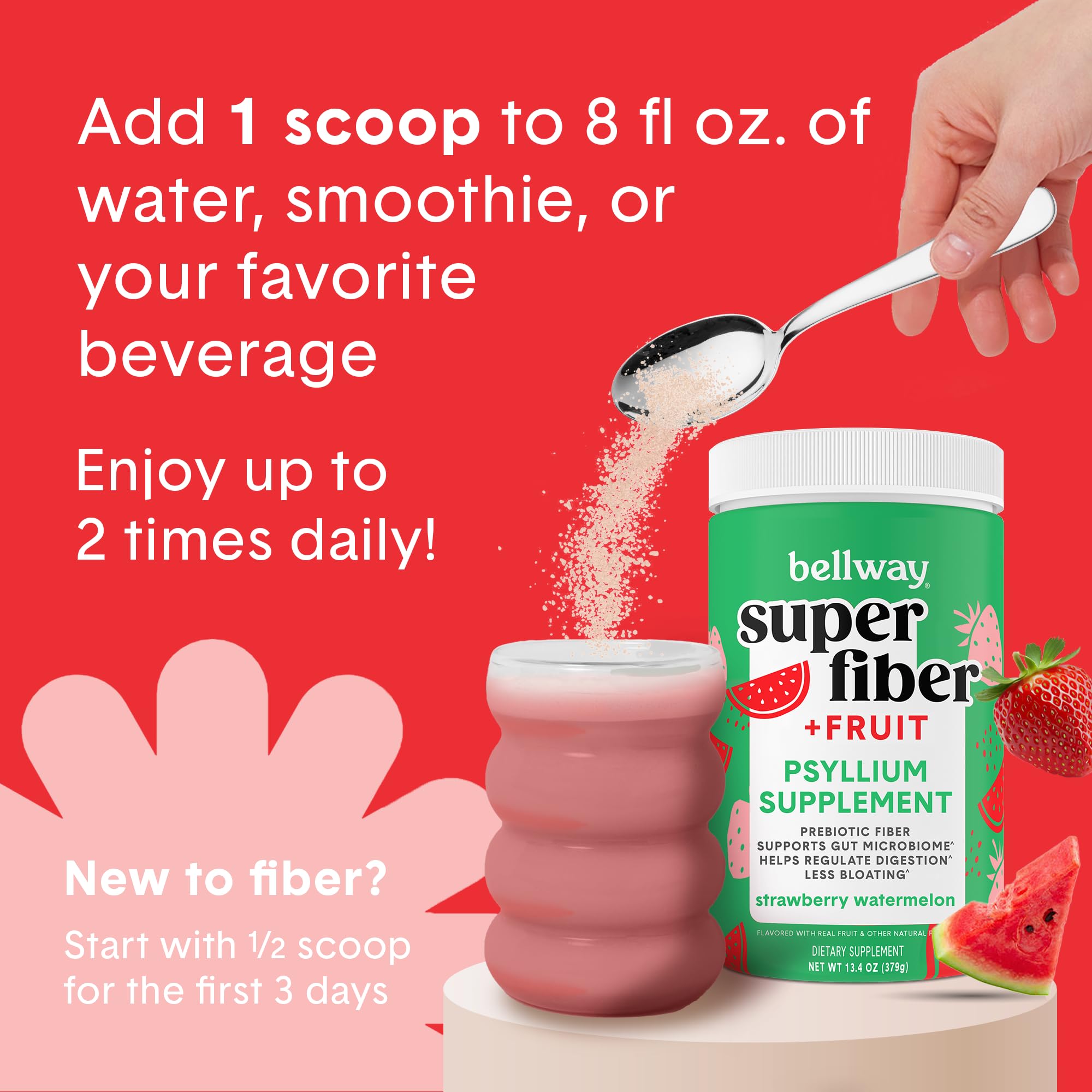 Serving idea with spoon and glass promotes a daily fiber routine.