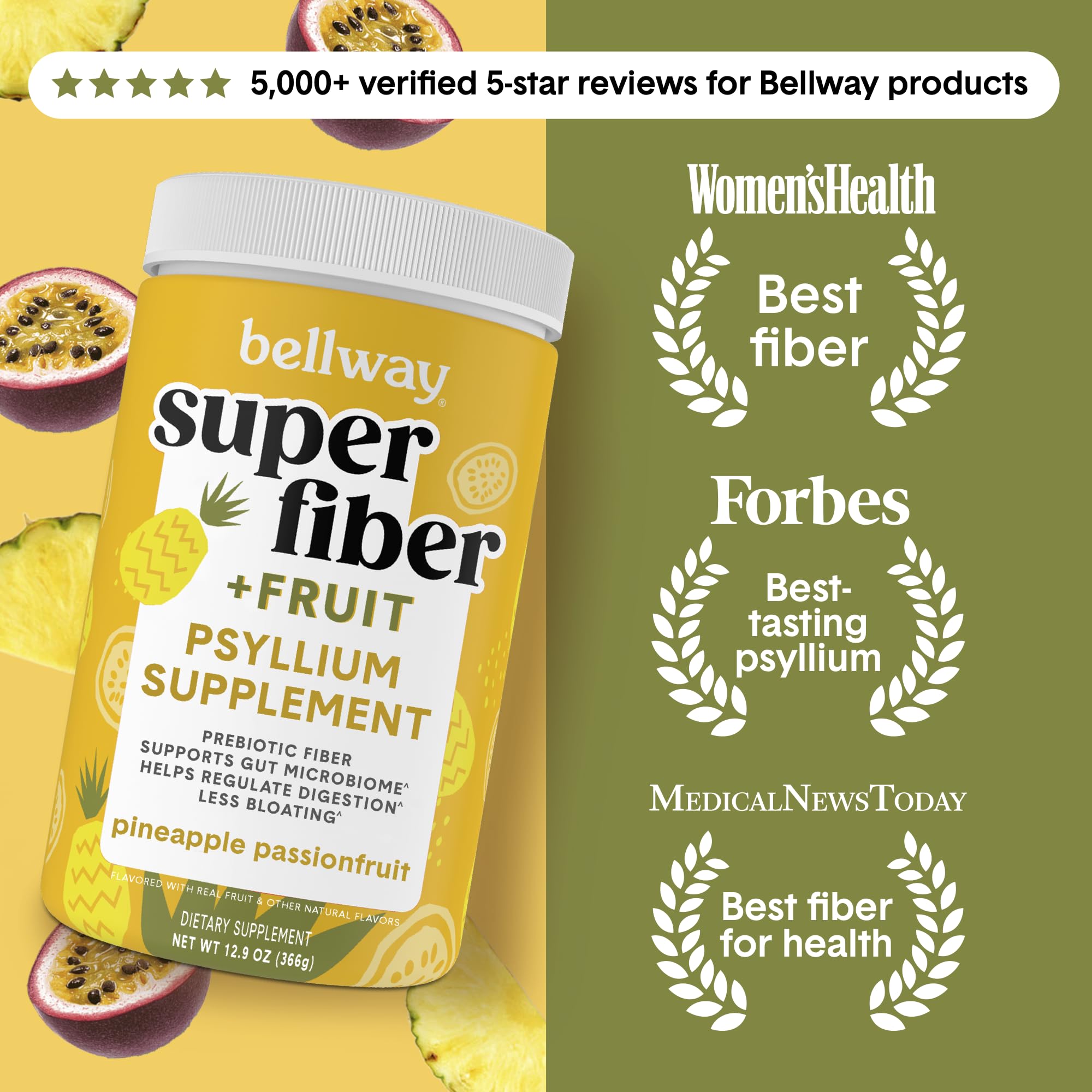 Bellway scoop showing 5 g fiber per serving for daily use.