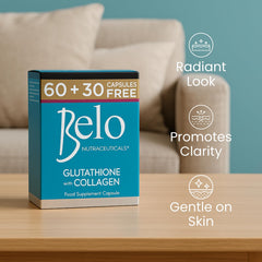 Belo Nutraceuticals Glutathione + Collagen label emphasizes antioxidant support