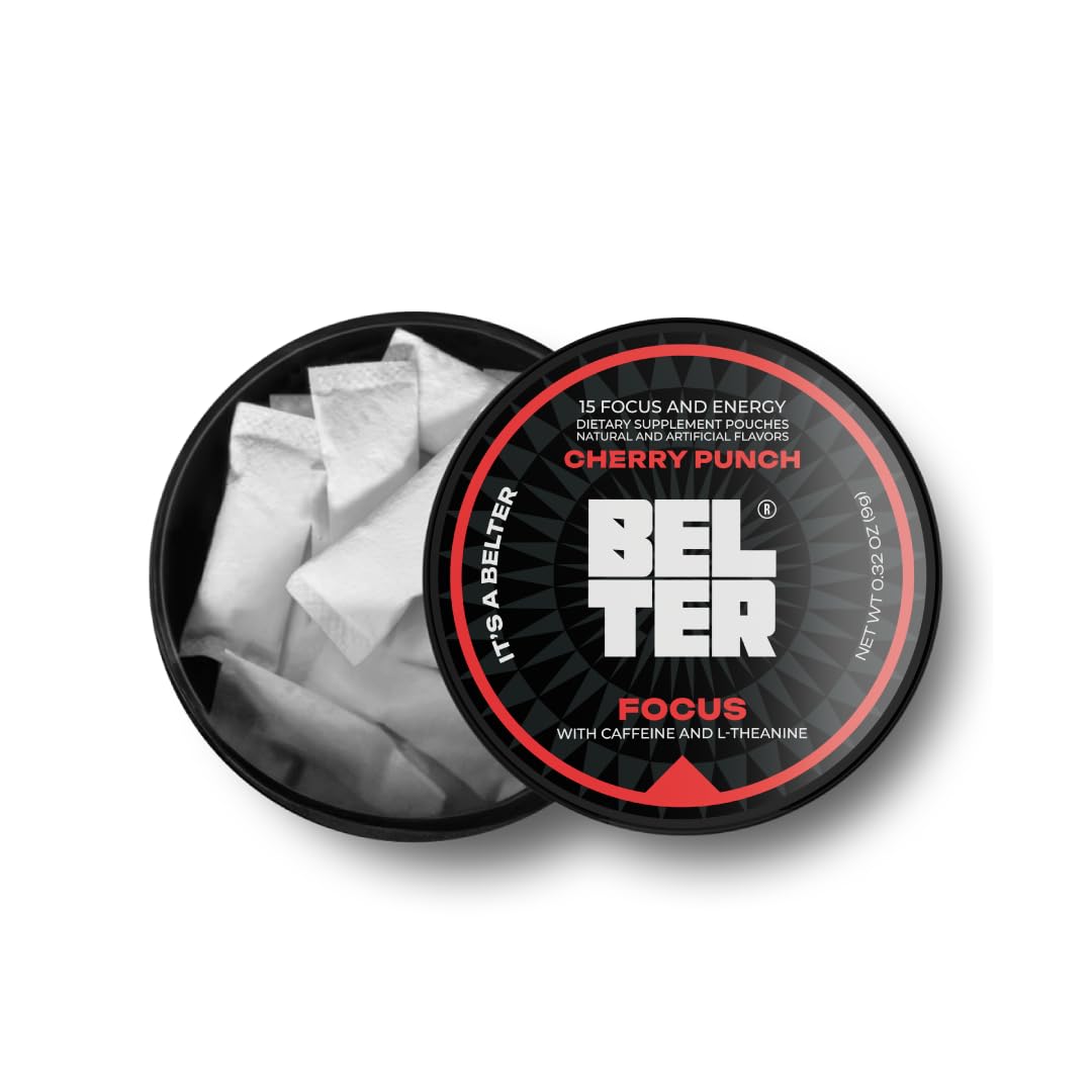 BELTER Focus Cherry Punch pouch closeup shows fast caffeine release for quick focus.
