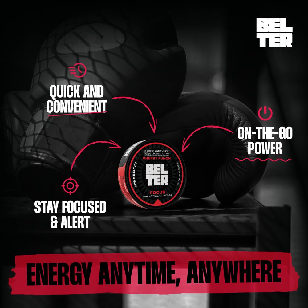 BELTER Focus Cherry Punch pouch on desk suggests ready energy for work or study sessions.