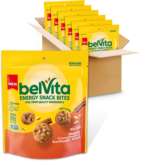 Belvita Energy Snack Bites bag with maple and sunflower seeds for on-the-go energy