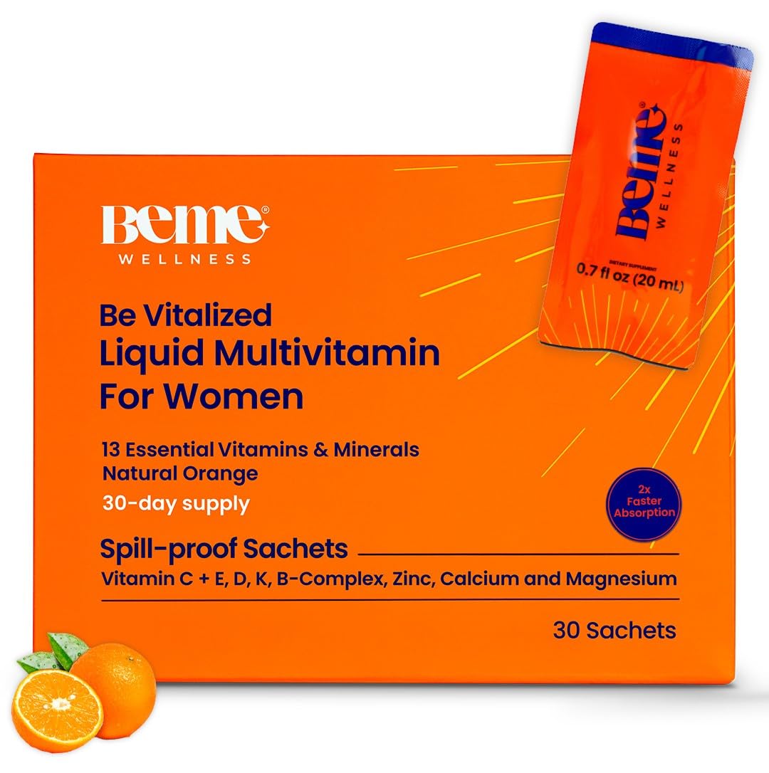 BeMe liquid multivitamins orange sachets packaging for on-the-go daily nutrition