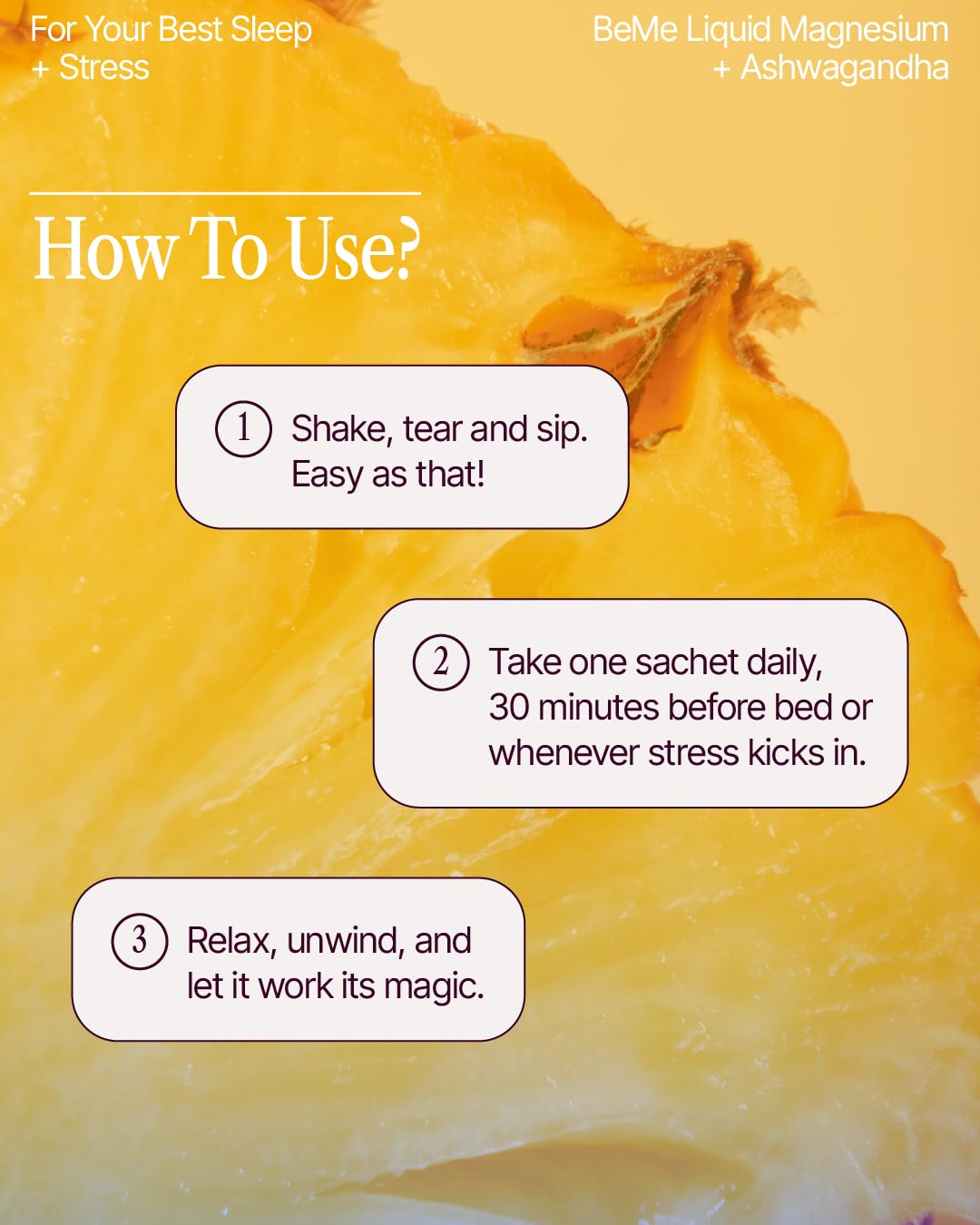 BeMe pineapple flavor sachet stack showcasing tasty sleep support