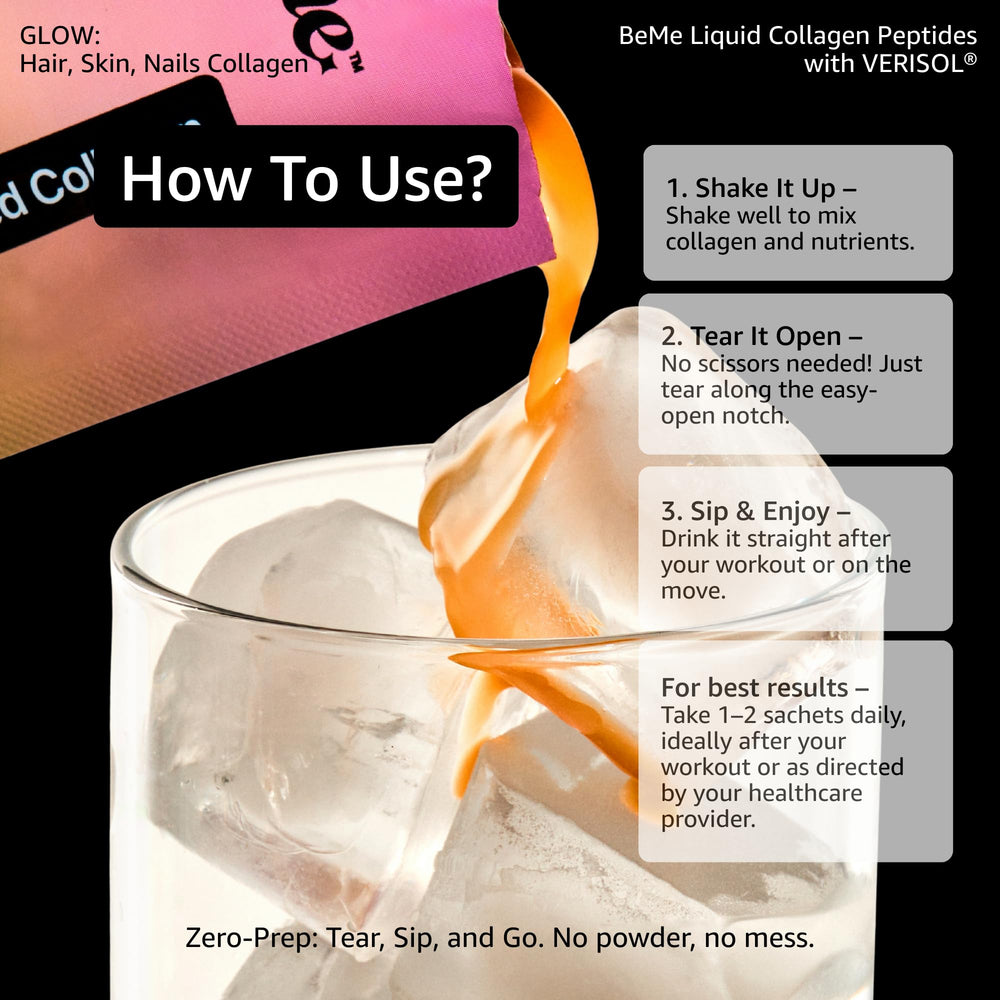 Vitamin C and CoQ10 icons on BeMe packaging suggesting antioxidant support.