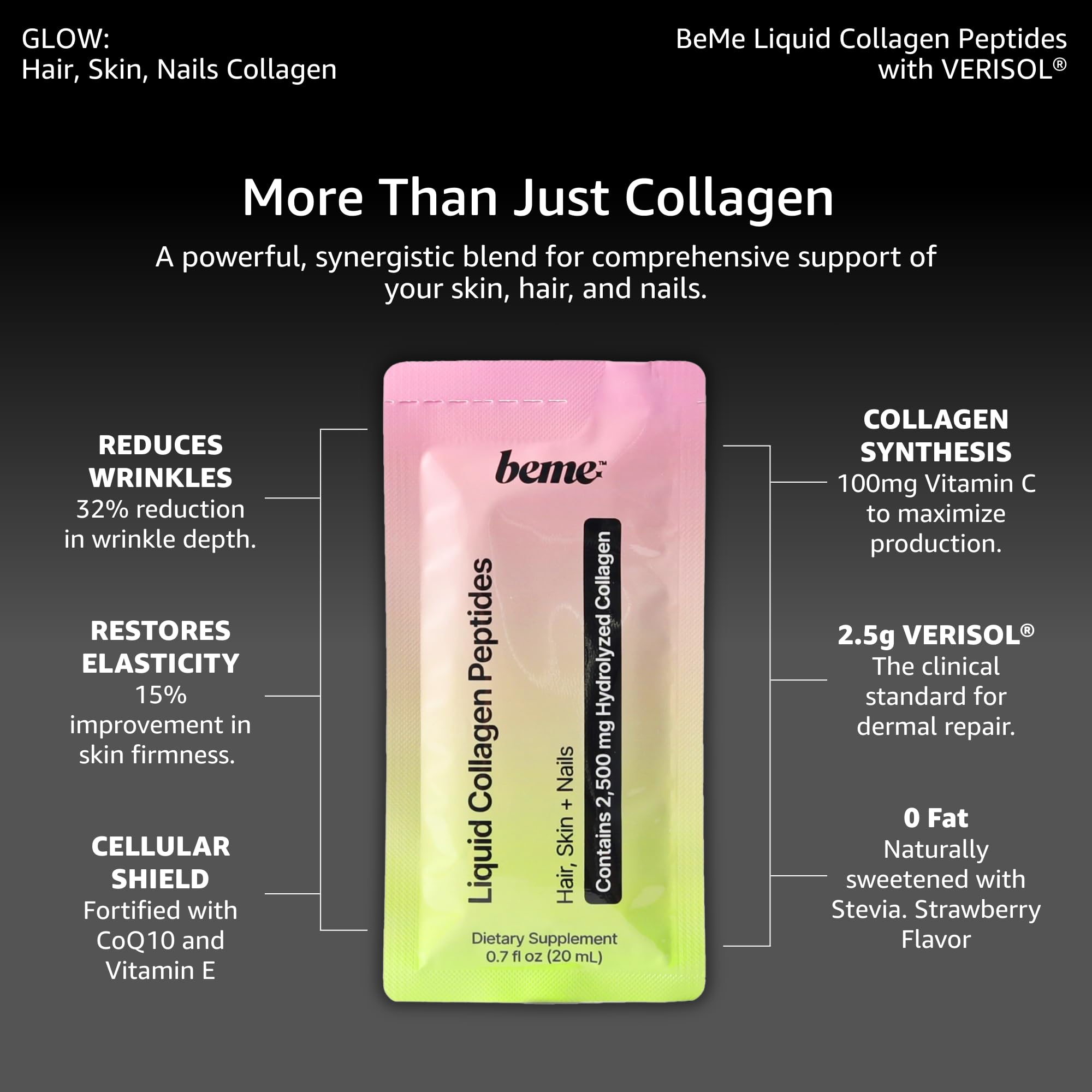 BeMe strawberry liquid collagen glass with fresh fruit accent.