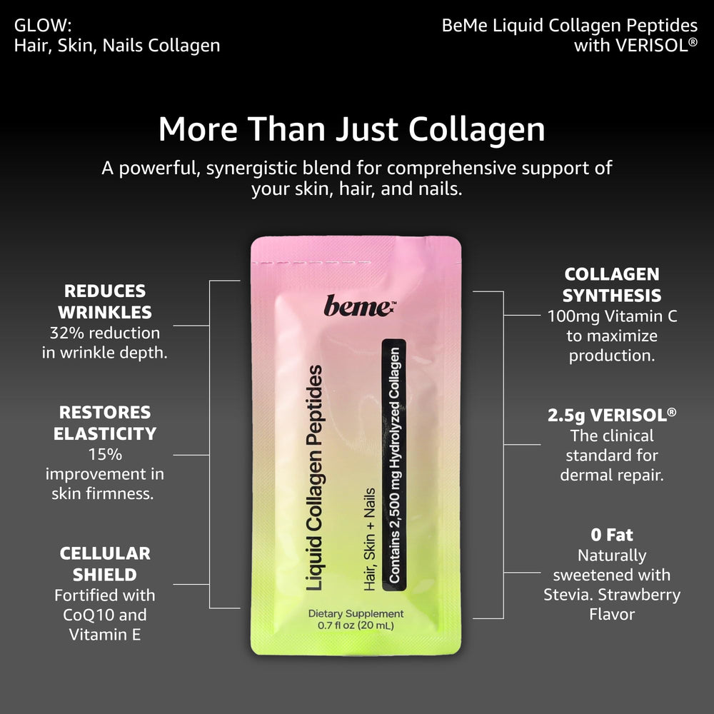 BeMe strawberry liquid collagen glass with fresh fruit accent.