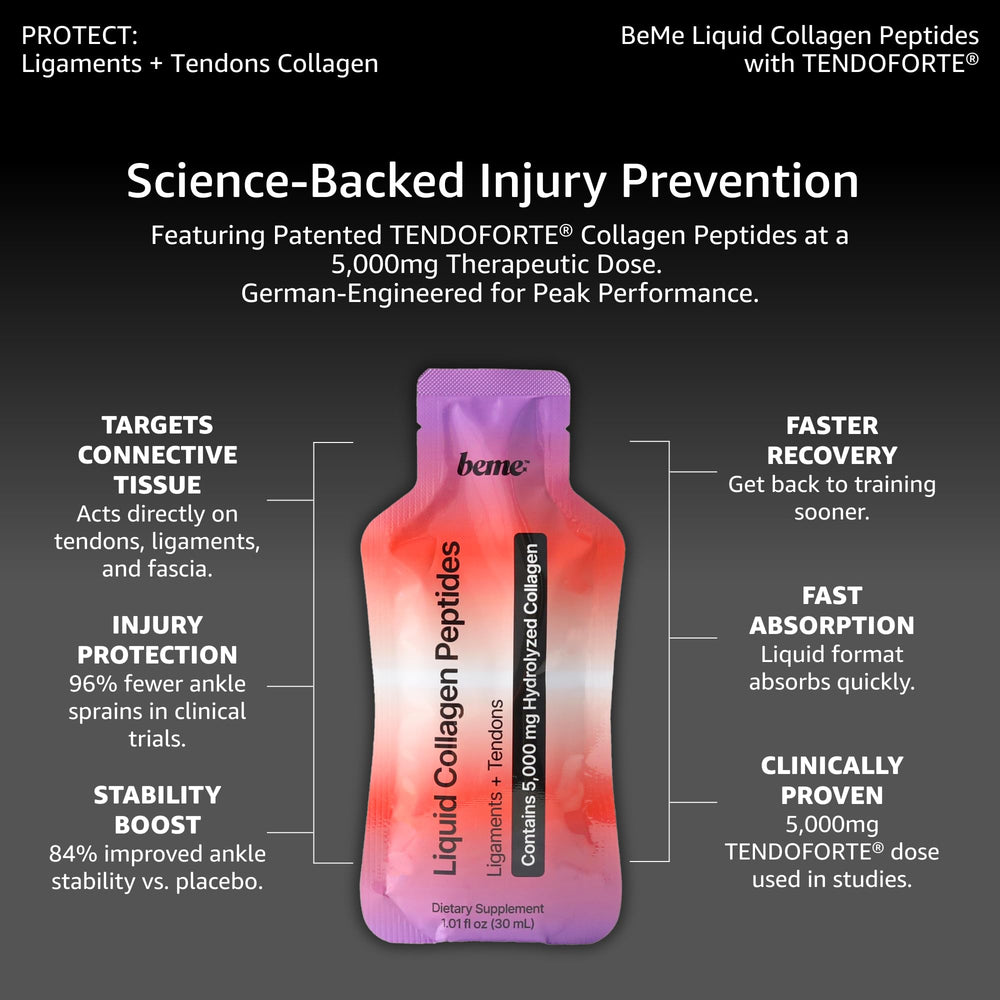 BeMe Tendon Forte liquid grapefruit sachets pack for fast-absorbing athletic nutrition.