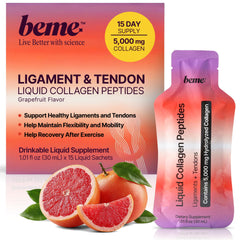 BeMe Tendon and Ligament Supplements bottle showing 5,000 mg collagen peptides for connective tissue support.