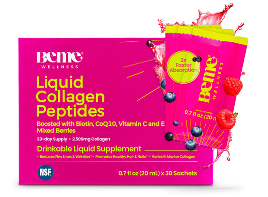 BeMe Liquid Collagen bottle pour—fast-absorption formula for on-the-go beauty.