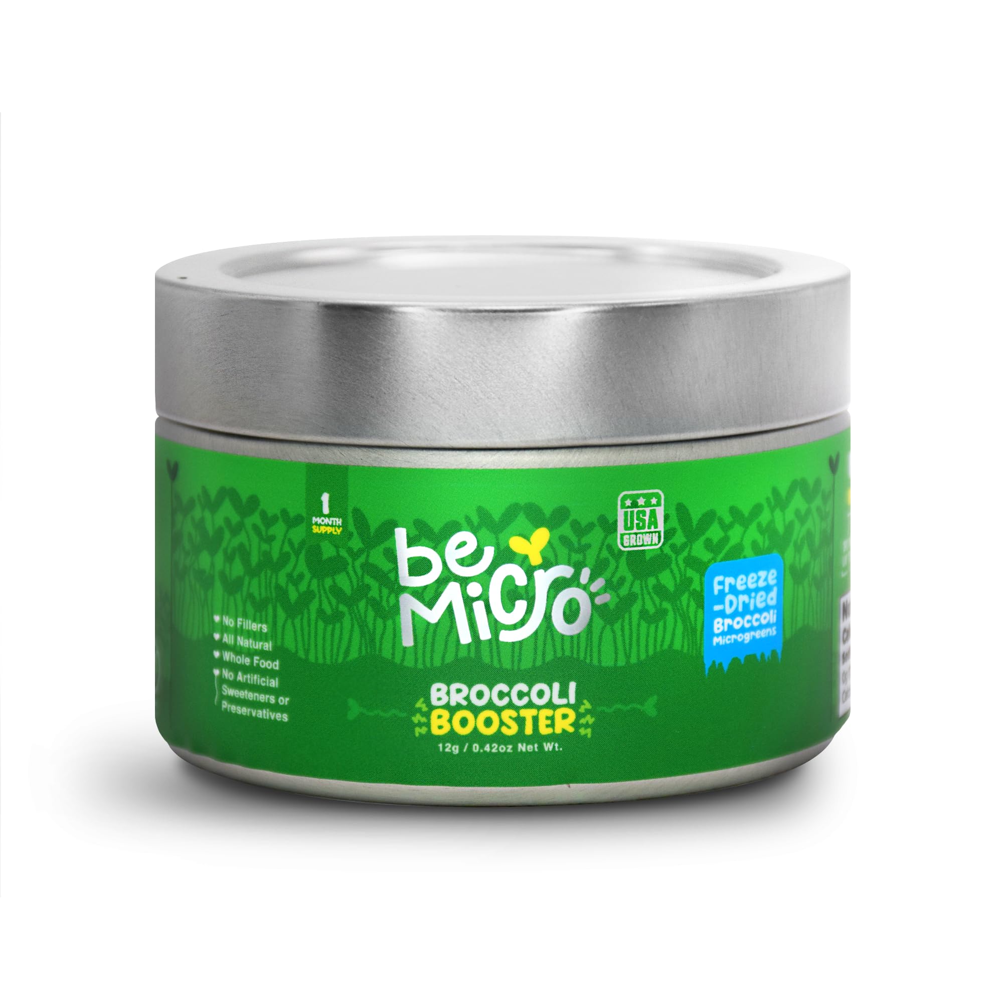 BeMicro broccoli booster tin on the kitchen counter ready for a nutrient boost.