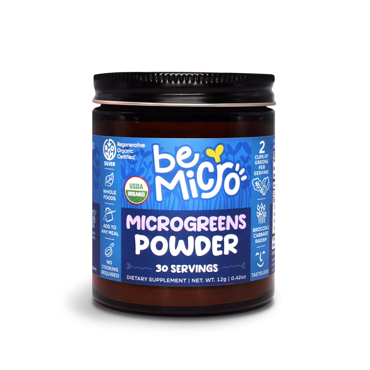 BeMicro broccoli microgreens powder bottle shows a nutrient-dense blend for daily wellness.