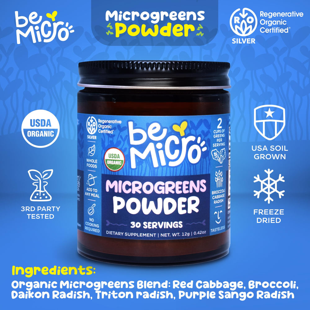 BeMicro microgreens powder tin close-up highlights small-batch production.