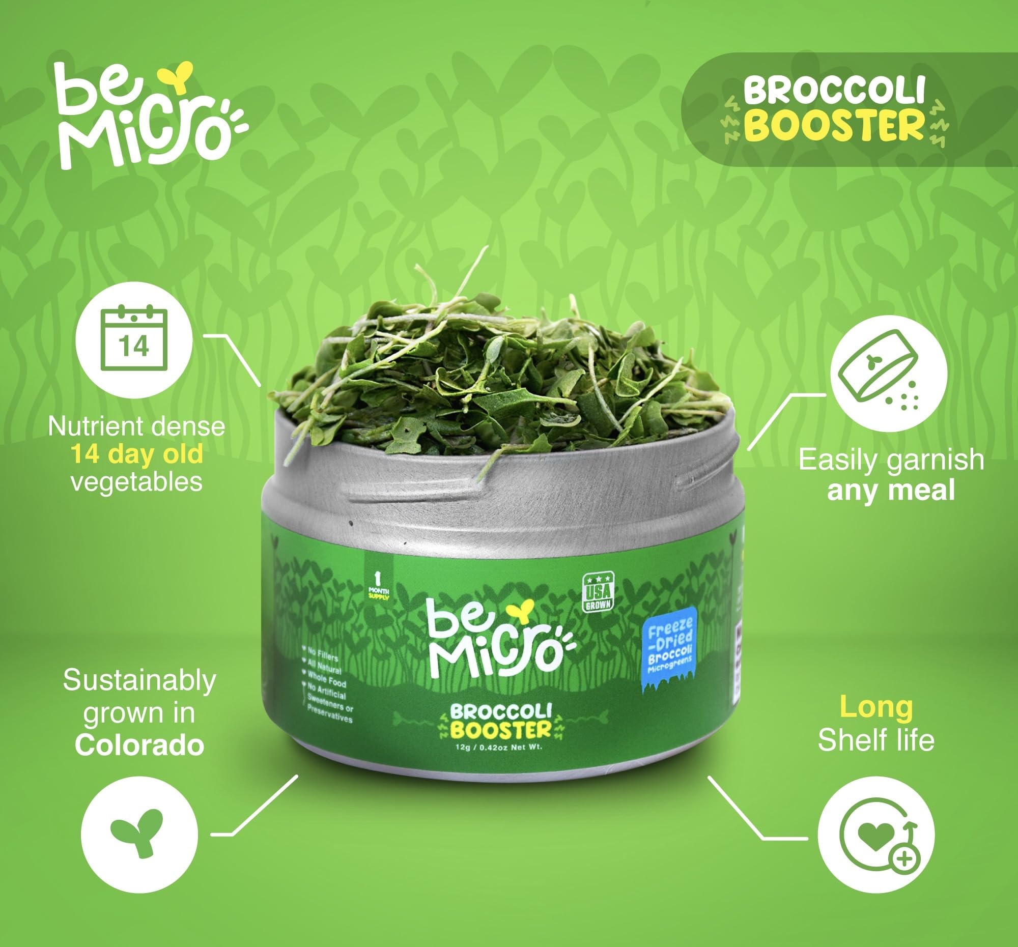BeMicro US-grown microgreens tin resting on a countertop, showcasing small-batch freshness.