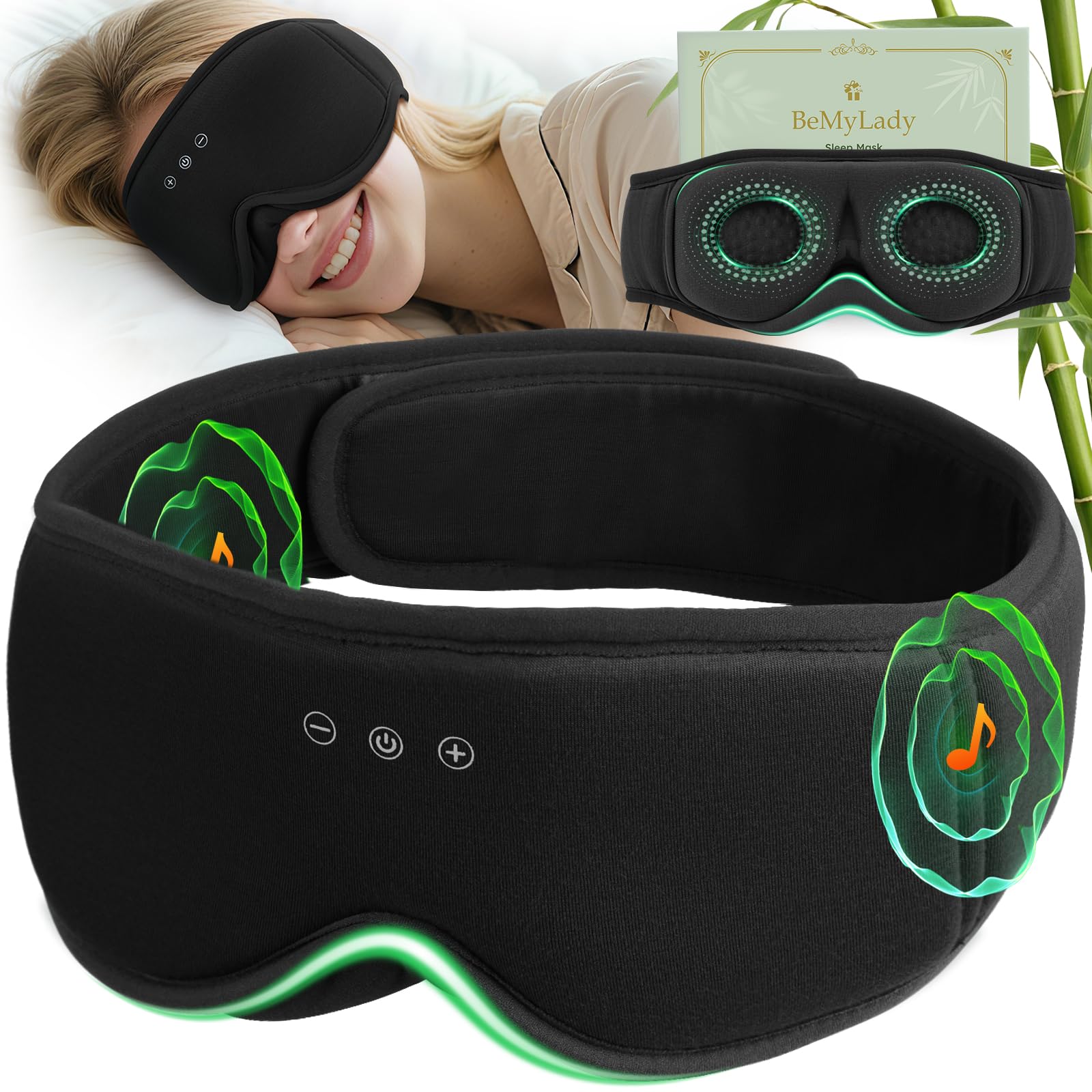 BeMyLady 3D bamboo cotton sleep mask with Bluetooth headphones blocks light for deep sleep.