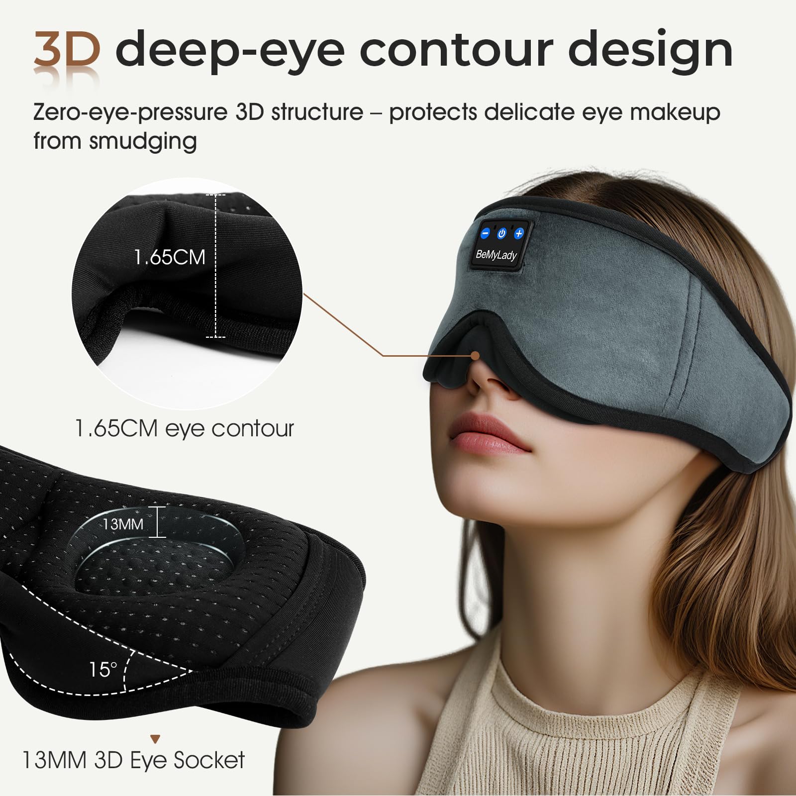 BeMyLady sleep mask headphones built-in speakers for wireless listening without bulky earbuds.