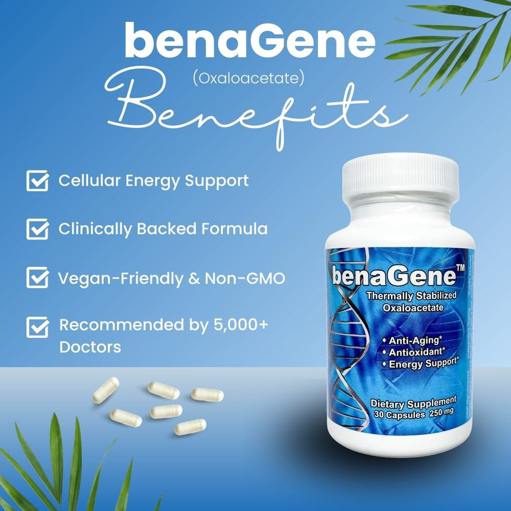Benagene oxaloacetate capsules closeup showing vegan non-GMO formula.