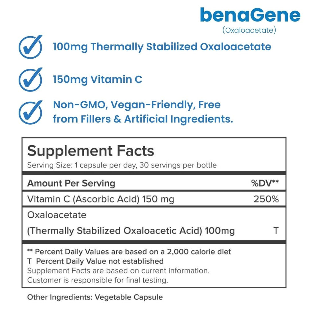 Benagene oxaloacetate daily dose capsules on a tray.
