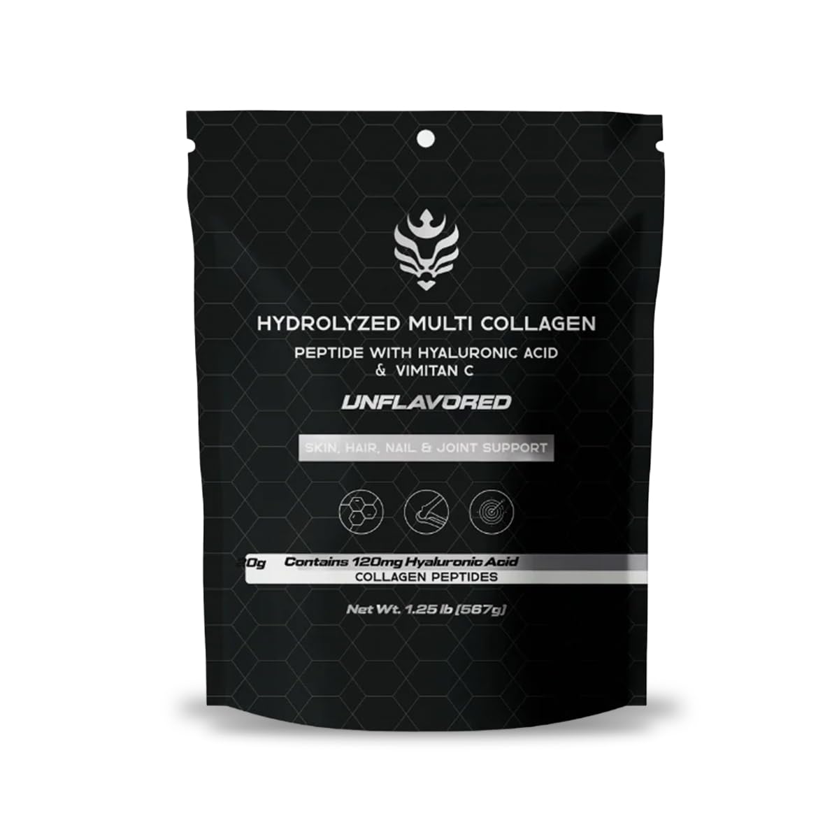 Benavidez Collagen Peptides bottle front highlights grass-fed source and product details for skin and joints.