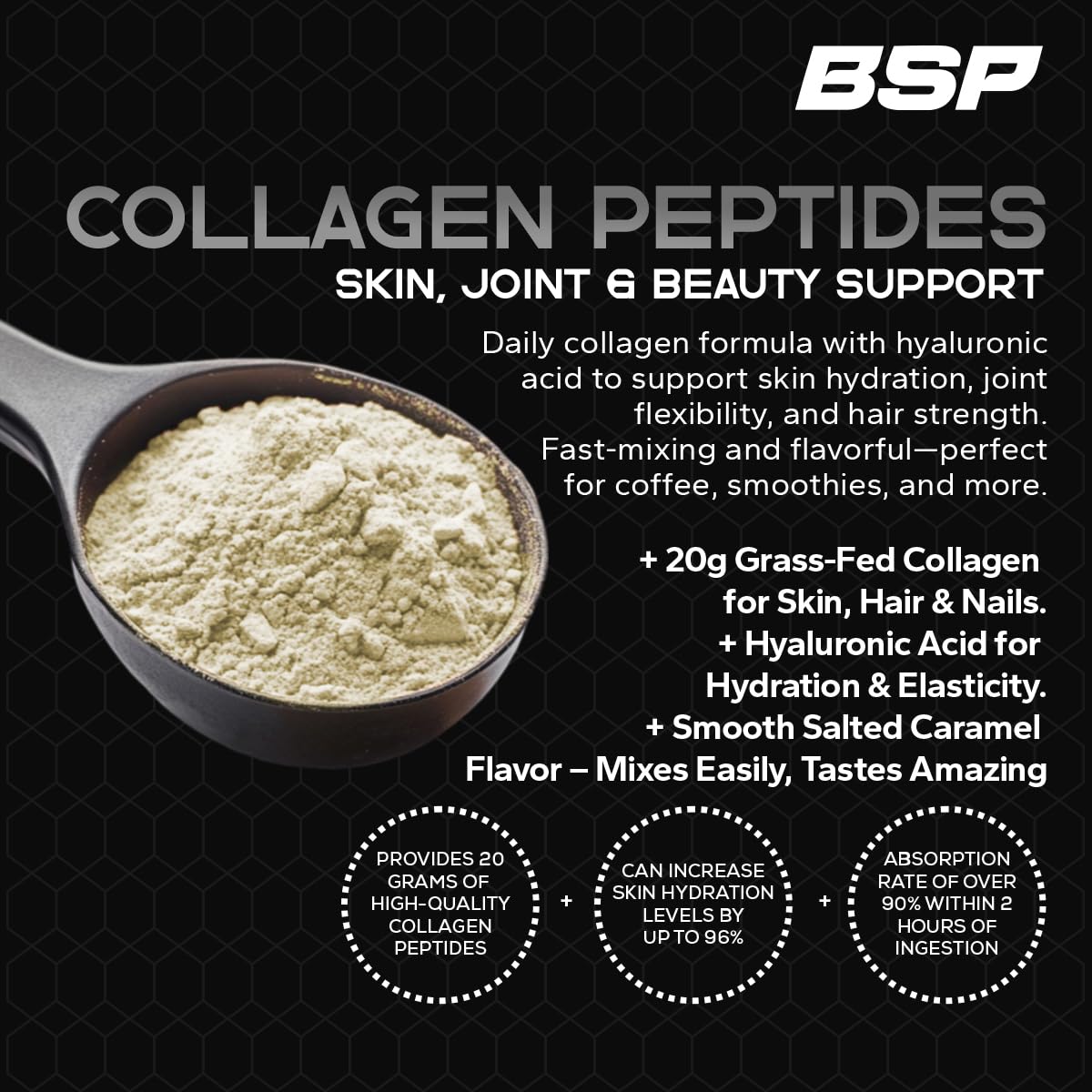 Benavidez Collagen Peptides being stirred into coffee for seamless daily protein supplementation.