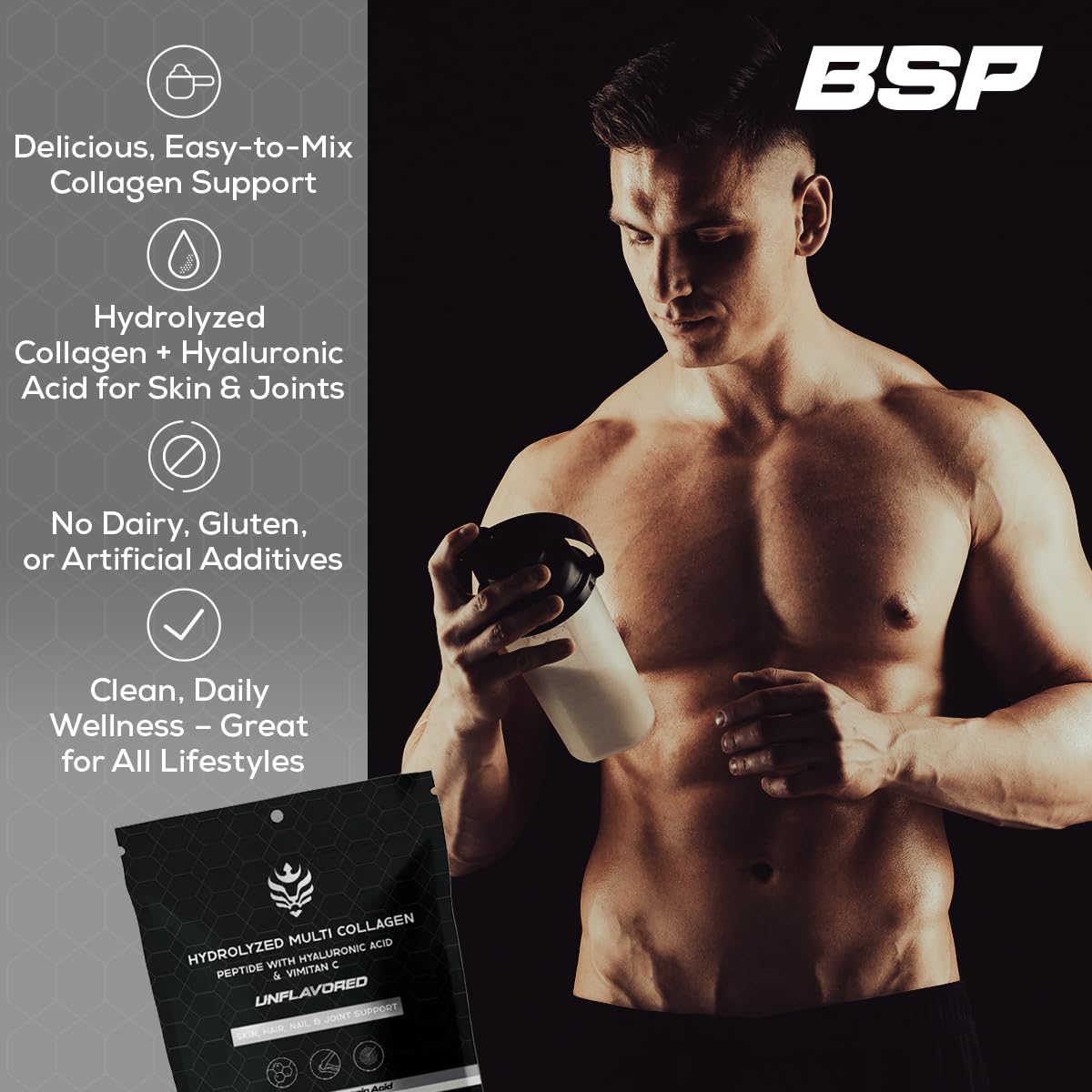 Benavidez Collagen Peptides packaging illustration emphasizing grass-fed, non-GMO formulation.