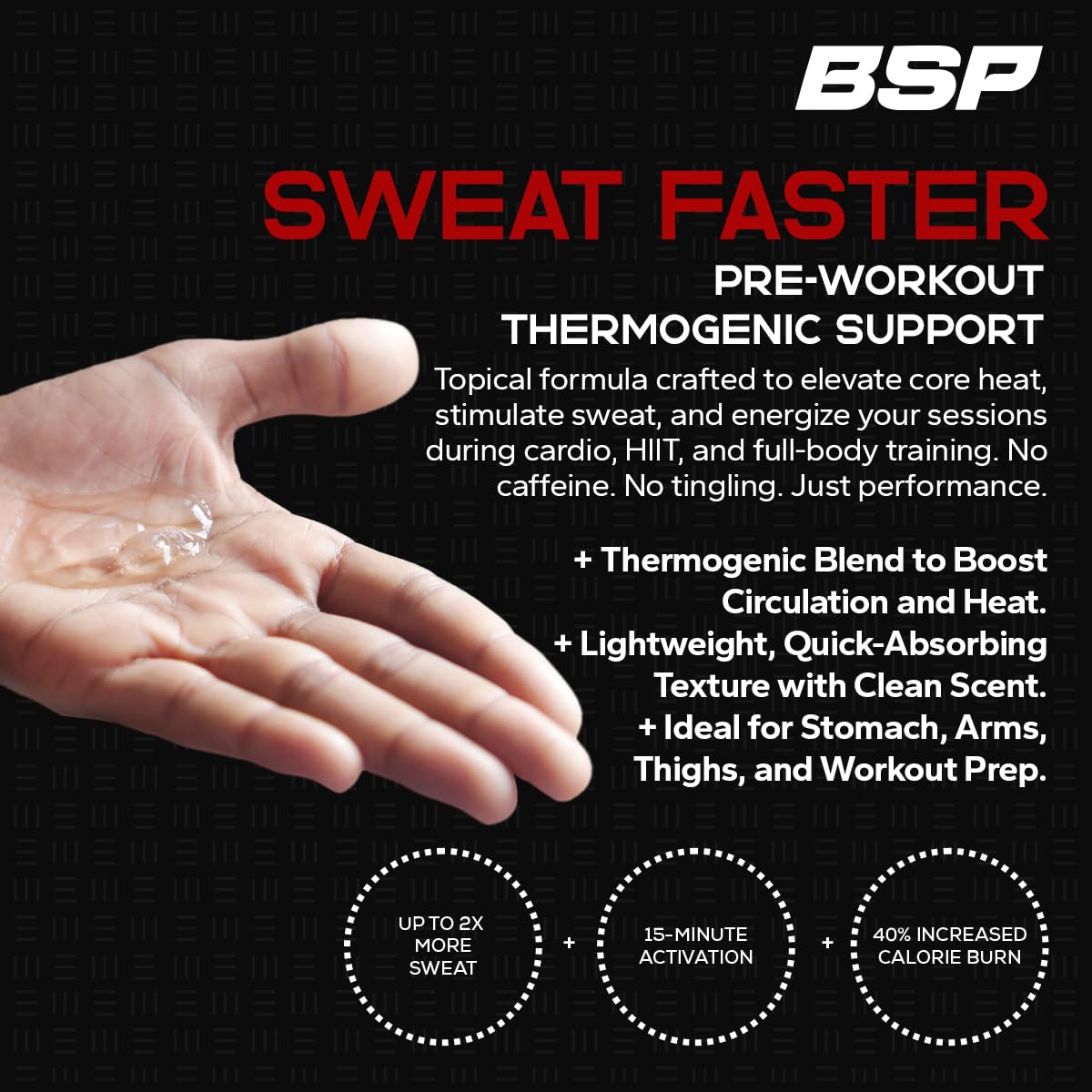 Benavidez Sweat Faster bottle front highlights convenient pre-workout gel for cardio sessions.