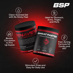 Benavidez Sweat Faster fast absorption close-up emphasizes quick uptake during warm-ups.