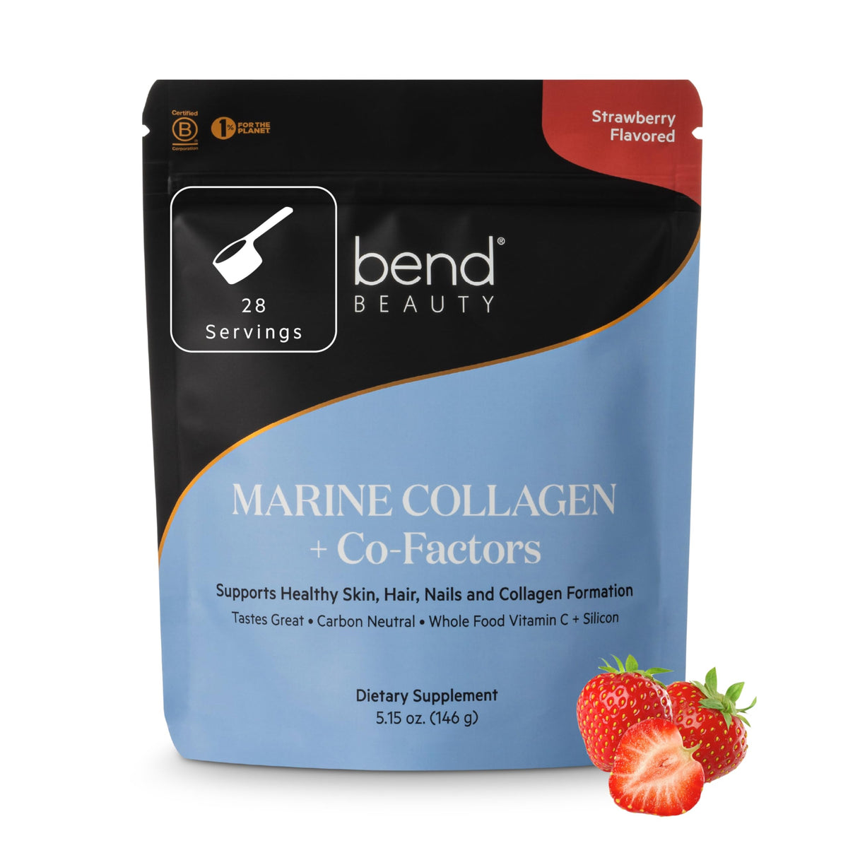 Bend Beauty Marine Collagen + Co-Factors bottle with strawberry flavor for daily skin nourishment.