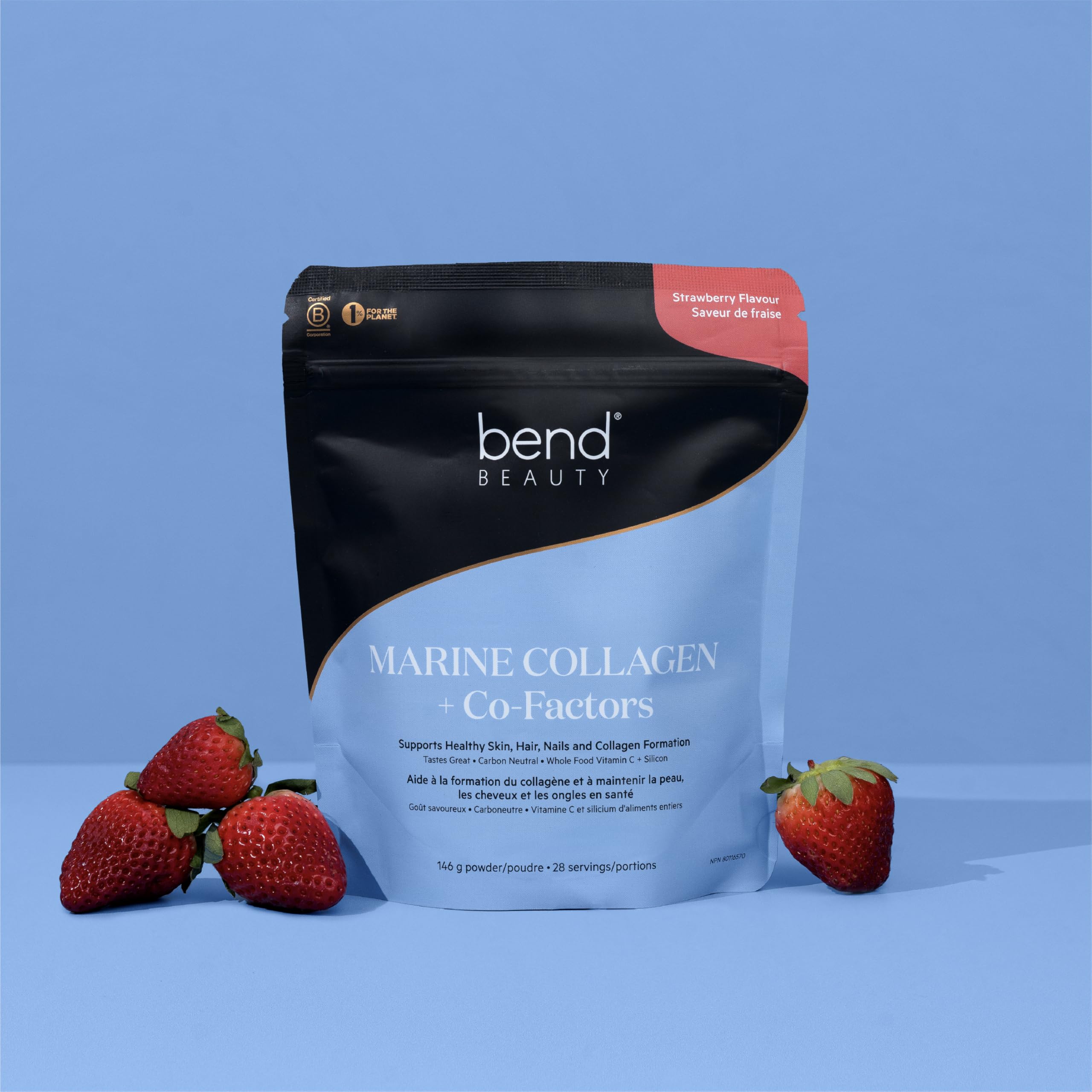 Bend Beauty strawberry powder close-up reveals smooth texture and aroma.