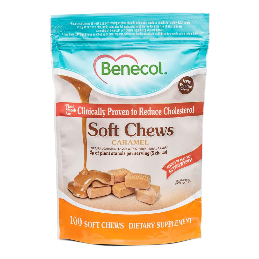 Benecol Soft Chews caramel-flavor bottle for a convenient daily routine.