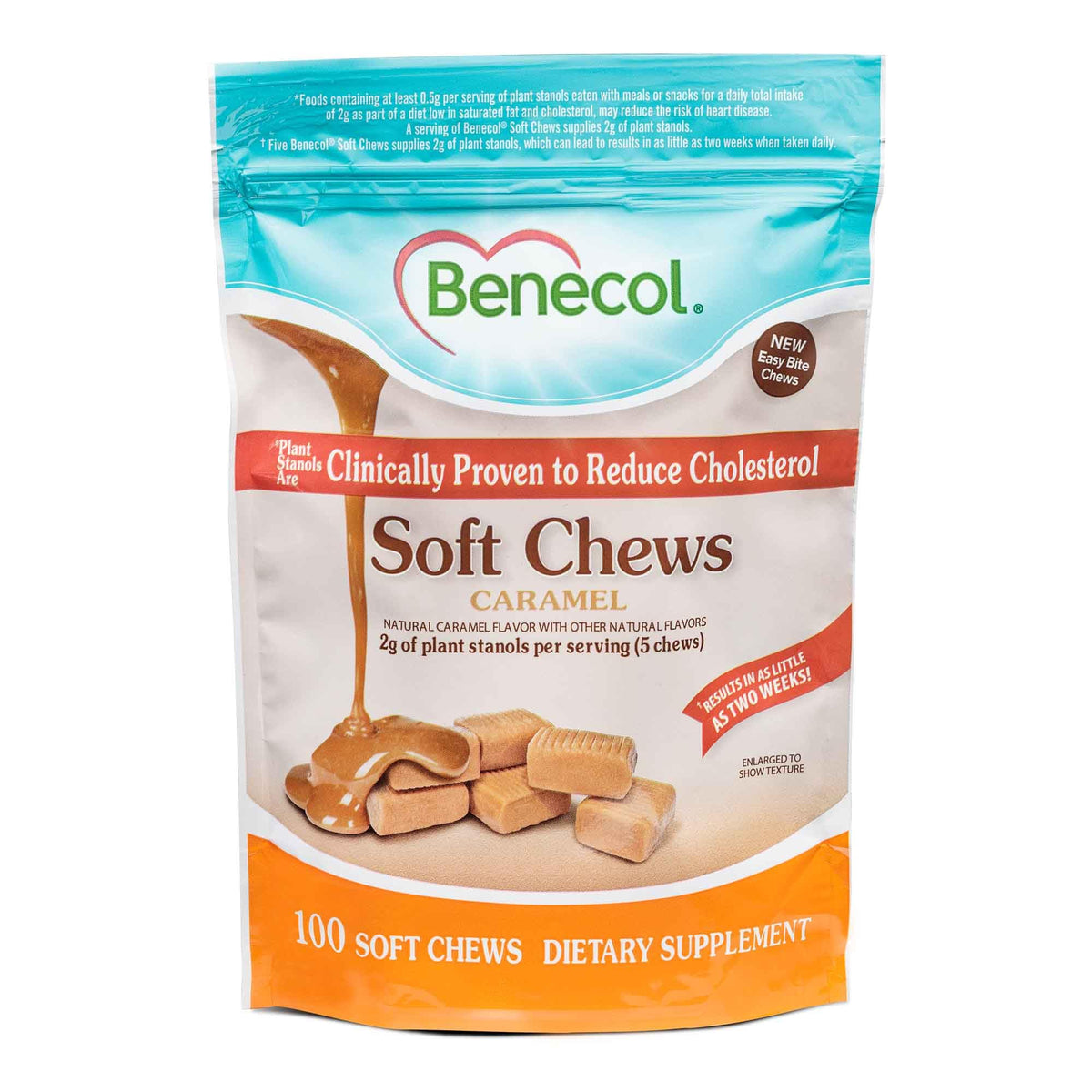 Benecol Soft Chews caramel-flavor bottle for a convenient daily routine.