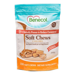 Benecol Soft Chews caramel-flavor bottle for a convenient daily routine.