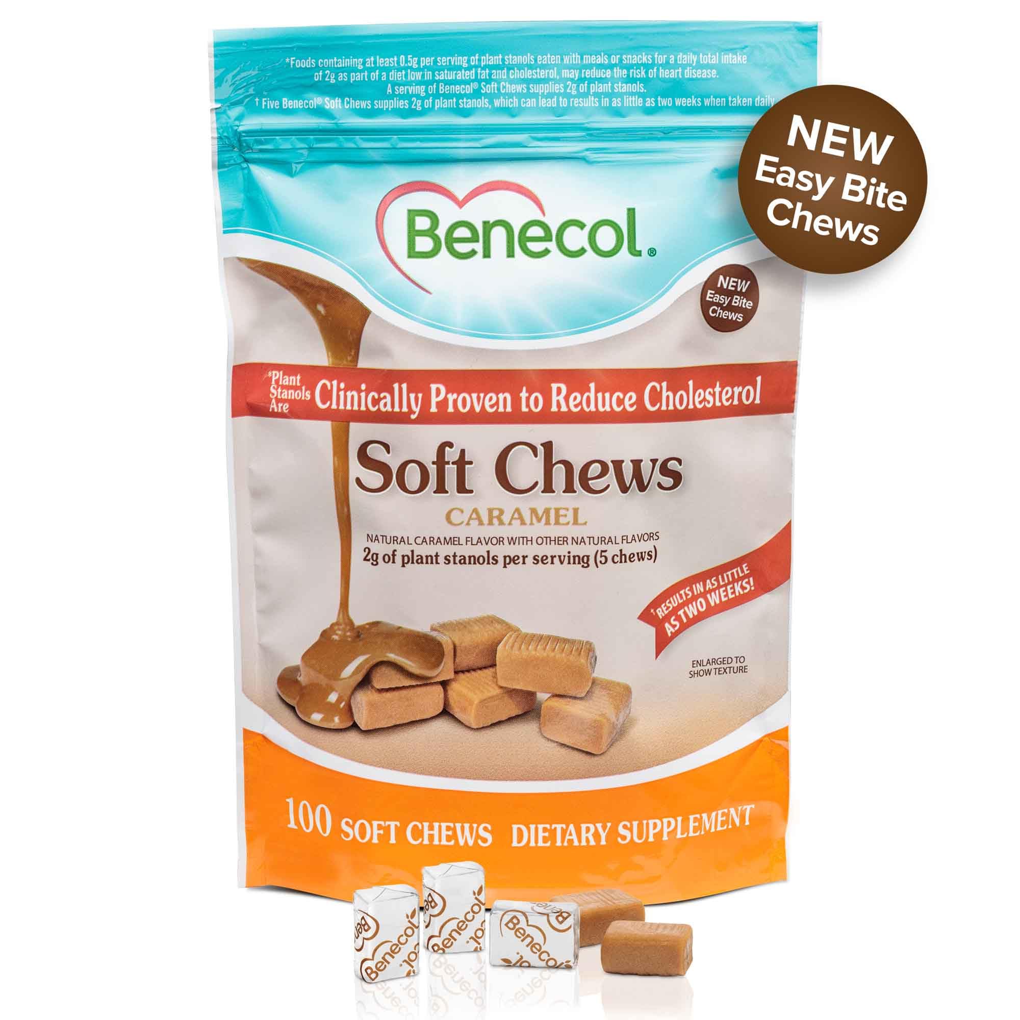 Benecol Soft Chews easy bite serving, smooth caramel taste for everyday use.