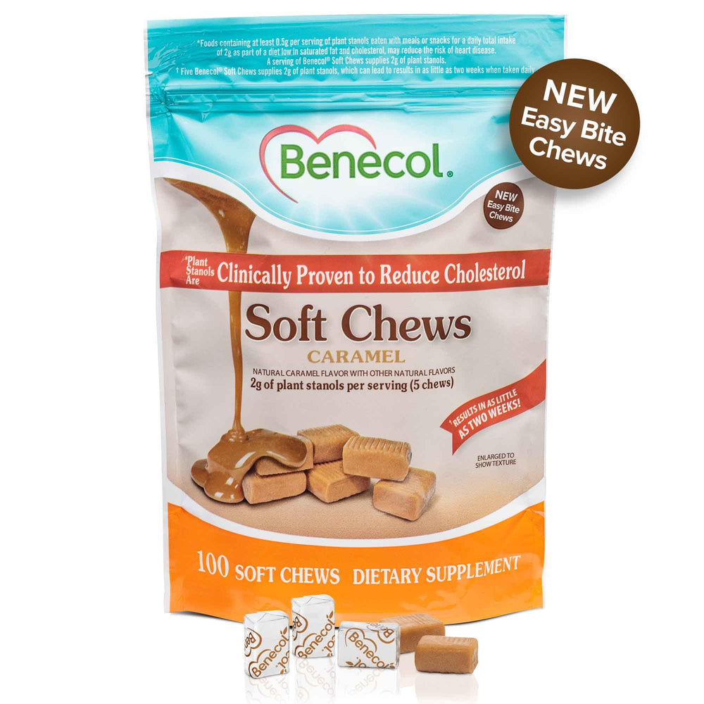 Benecol Soft Chews easy bite serving, smooth caramel taste for everyday use.