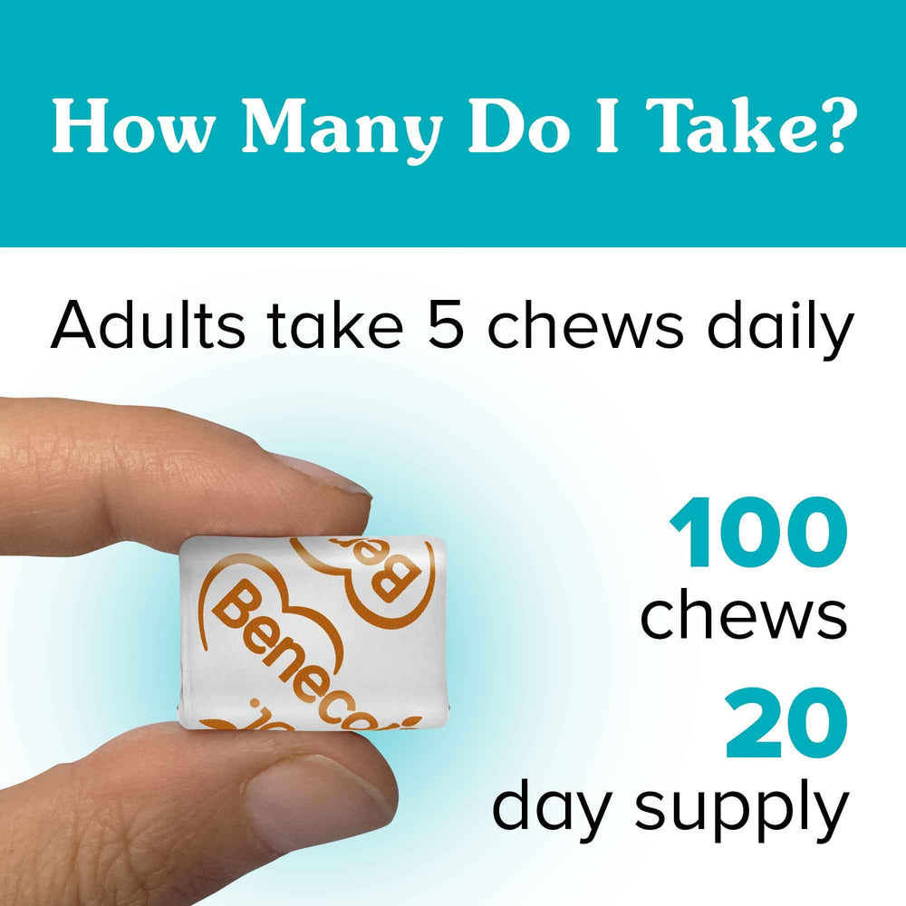 Benecol Soft Chews on-the-go pack in bag for travel.