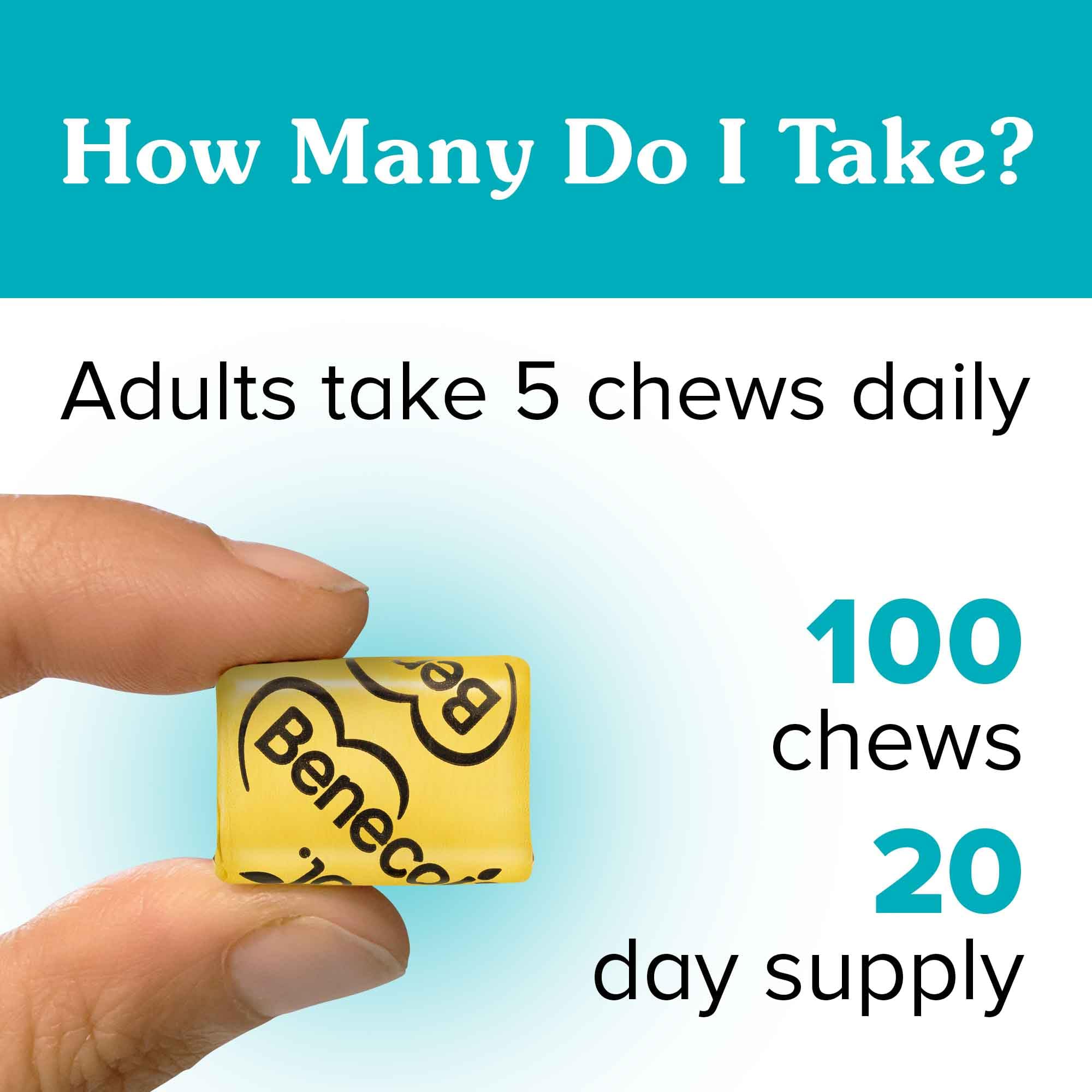 Benecol Soft Chews plant stanols per serving detail on label.