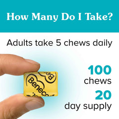 Benecol Soft Chews plant stanols per serving detail on label.