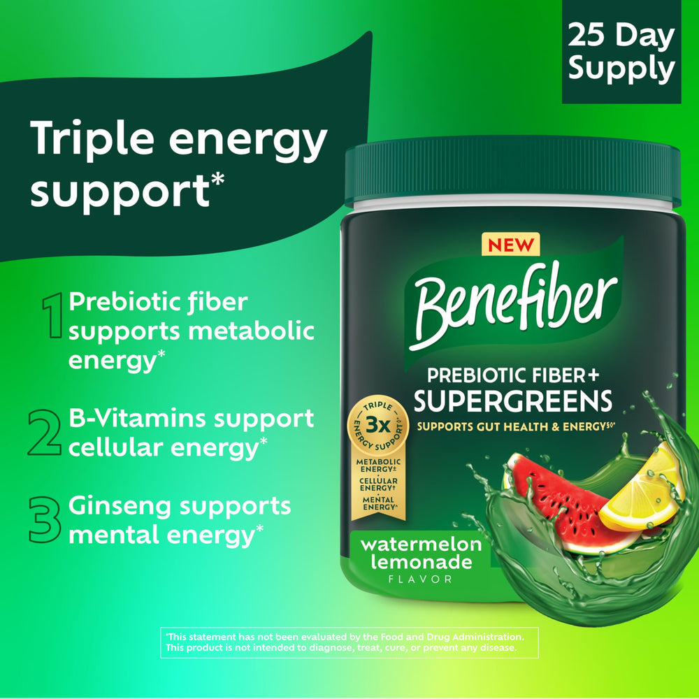 Ginseng and B-Vitamins featured on Benefiber Prebiotic Fiber + Supergreens label.