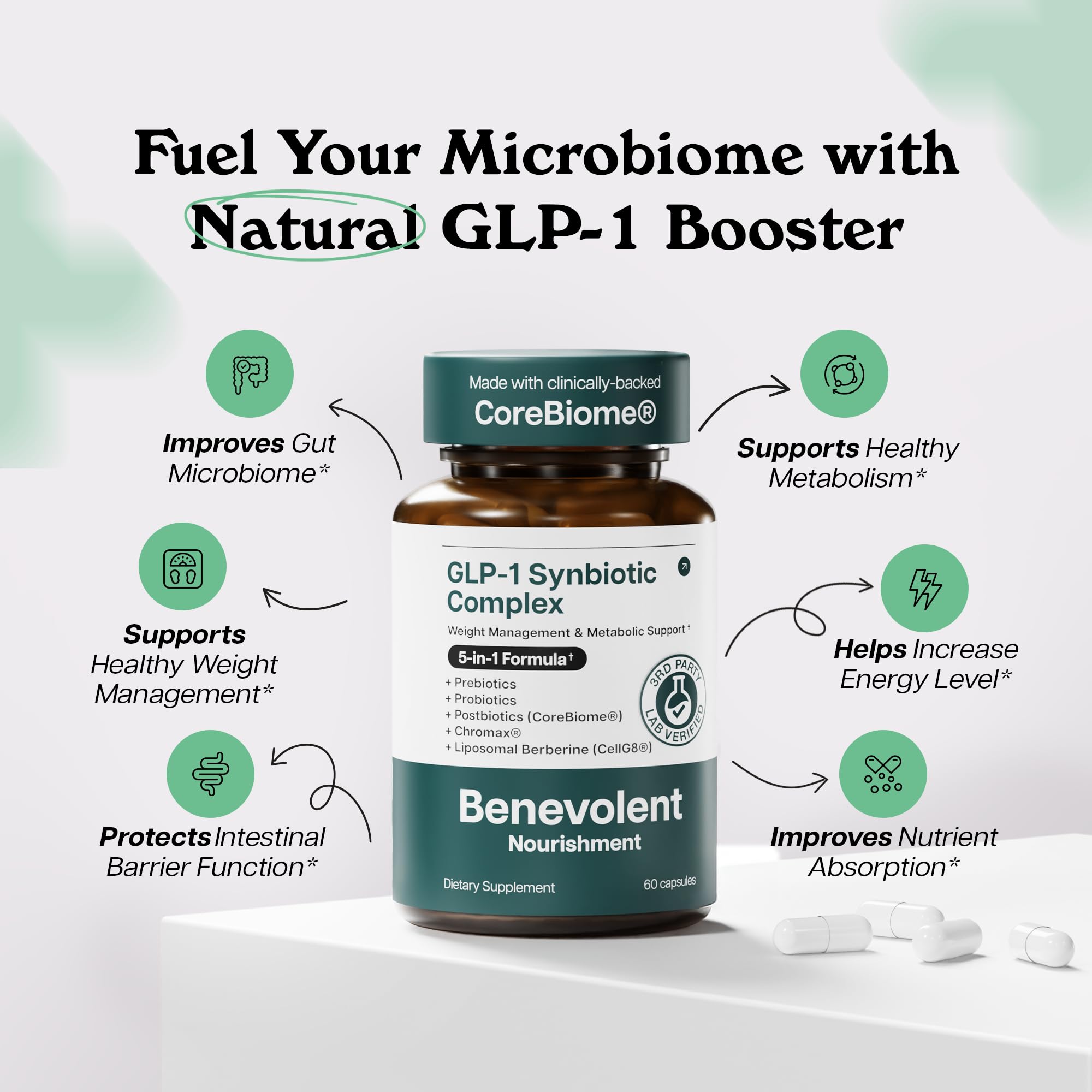 Closeup of Benevolent GLP-1 Support bottle with label and branding