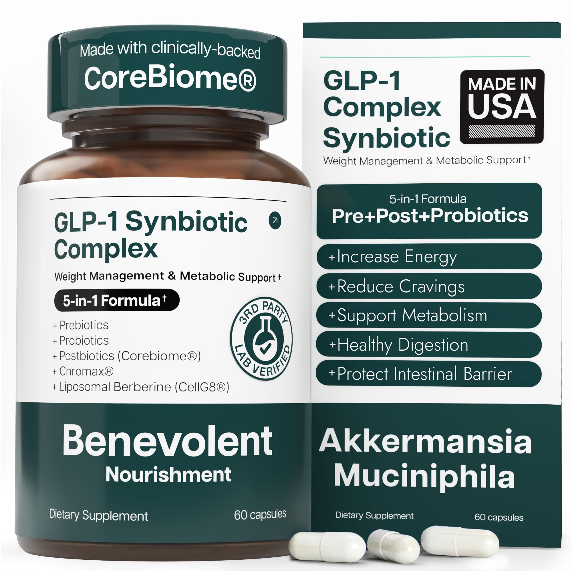 Benevolent Nourishment Benevolent GLP-1 Support bottle showing 60 capsules for daily use
