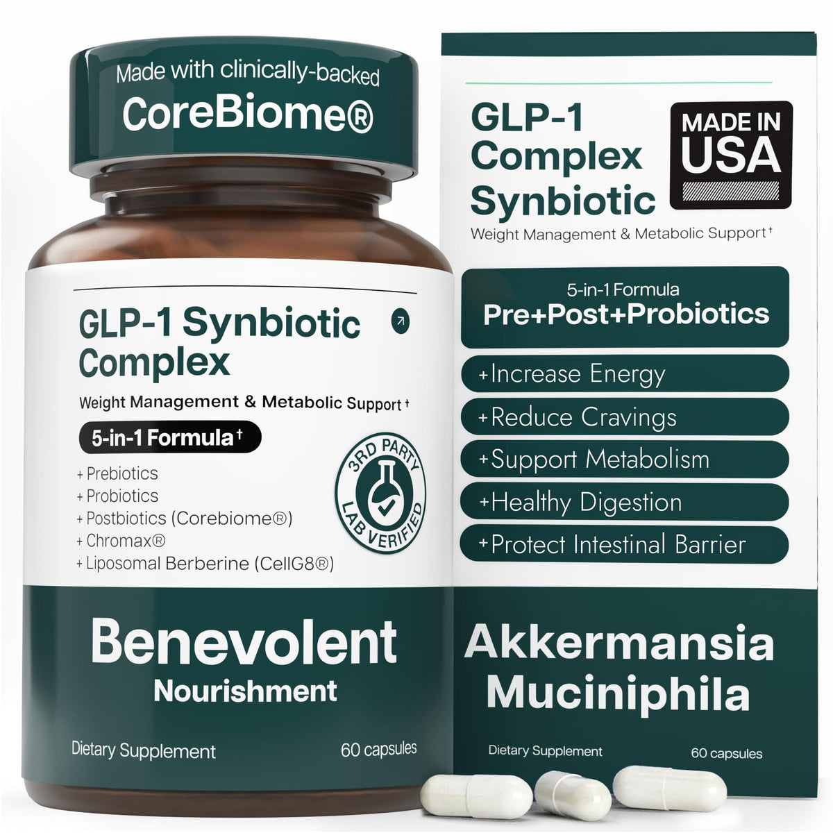 Benevolent Nourishment Benevolent GLP-1 Support bottle showing 60 capsules for daily use