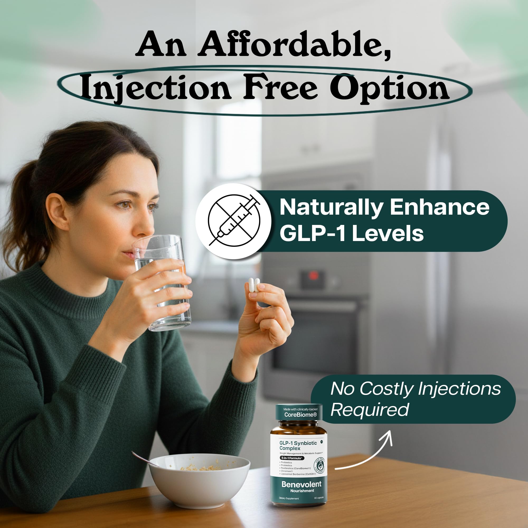In-use scene of Benevolent GLP-1 Support on a kitchen counter with water