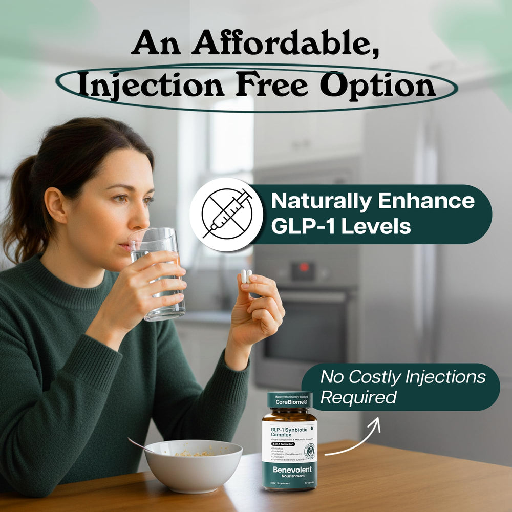 In-use scene of Benevolent GLP-1 Support on a kitchen counter with water