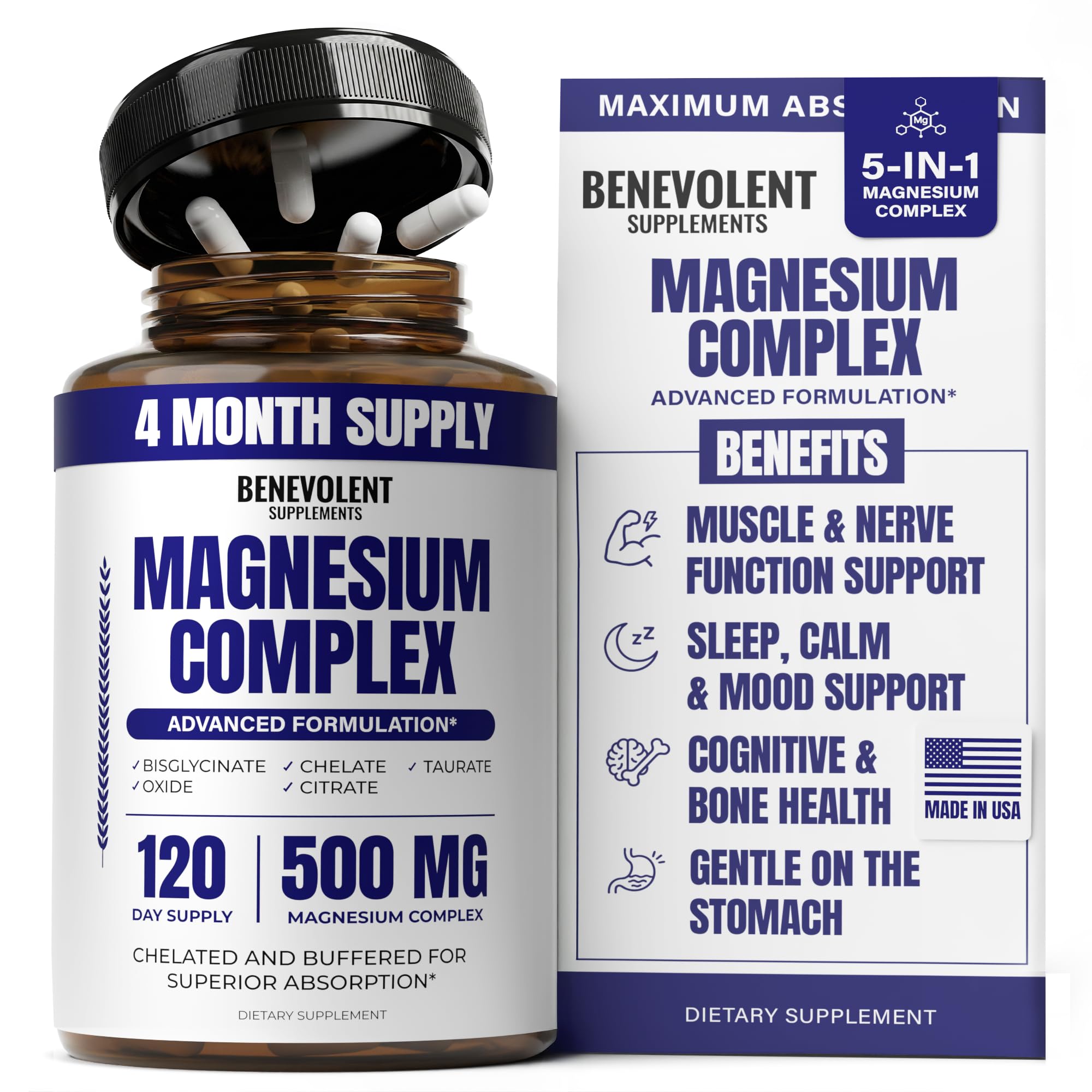 Benevolent Nourishment Magnesium Complex capsules close-up for high absorption.