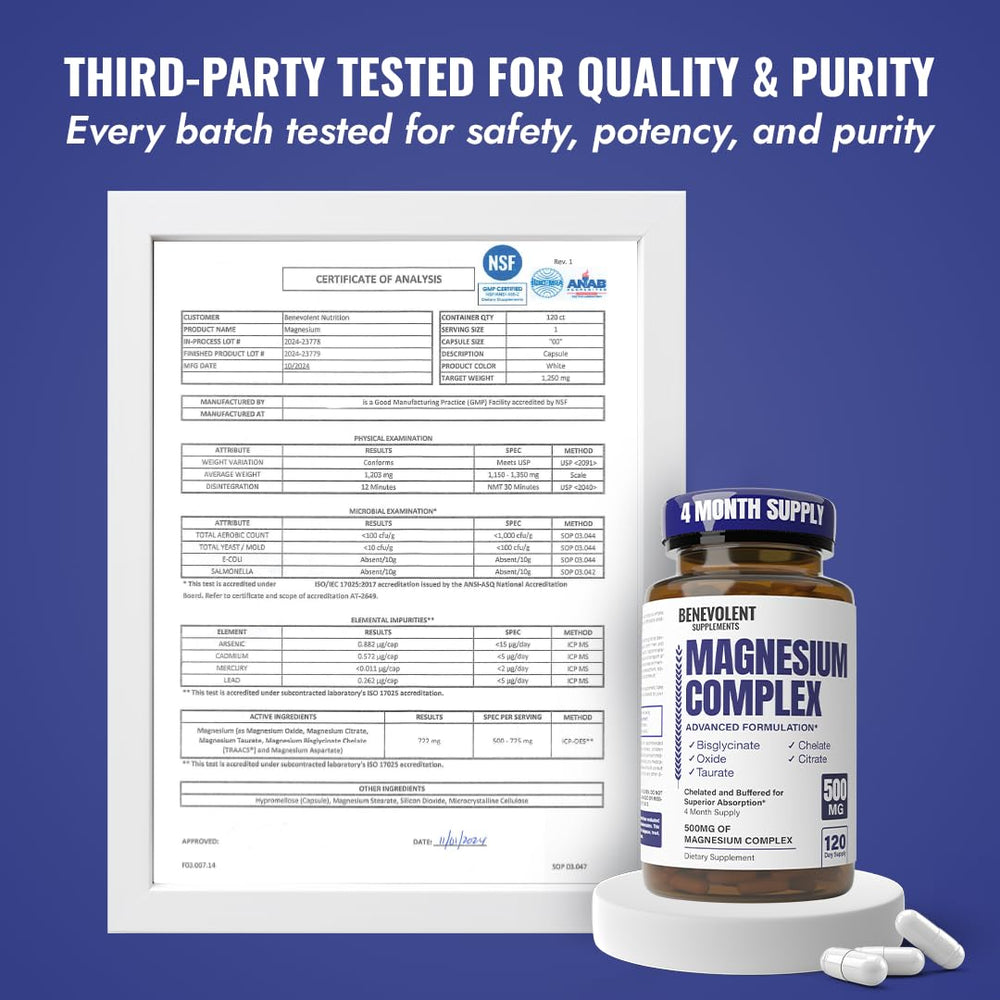 Benevolent Nourishment Magnesium Complex tablets beside nighttime lamp for leg cramps relief.